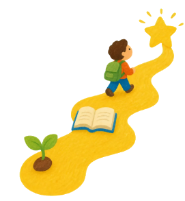 Un enfant avec son cartable avance sur un chemin jaune, d'une petite pousse et d'un livre ouvert jusqu'à une étoile